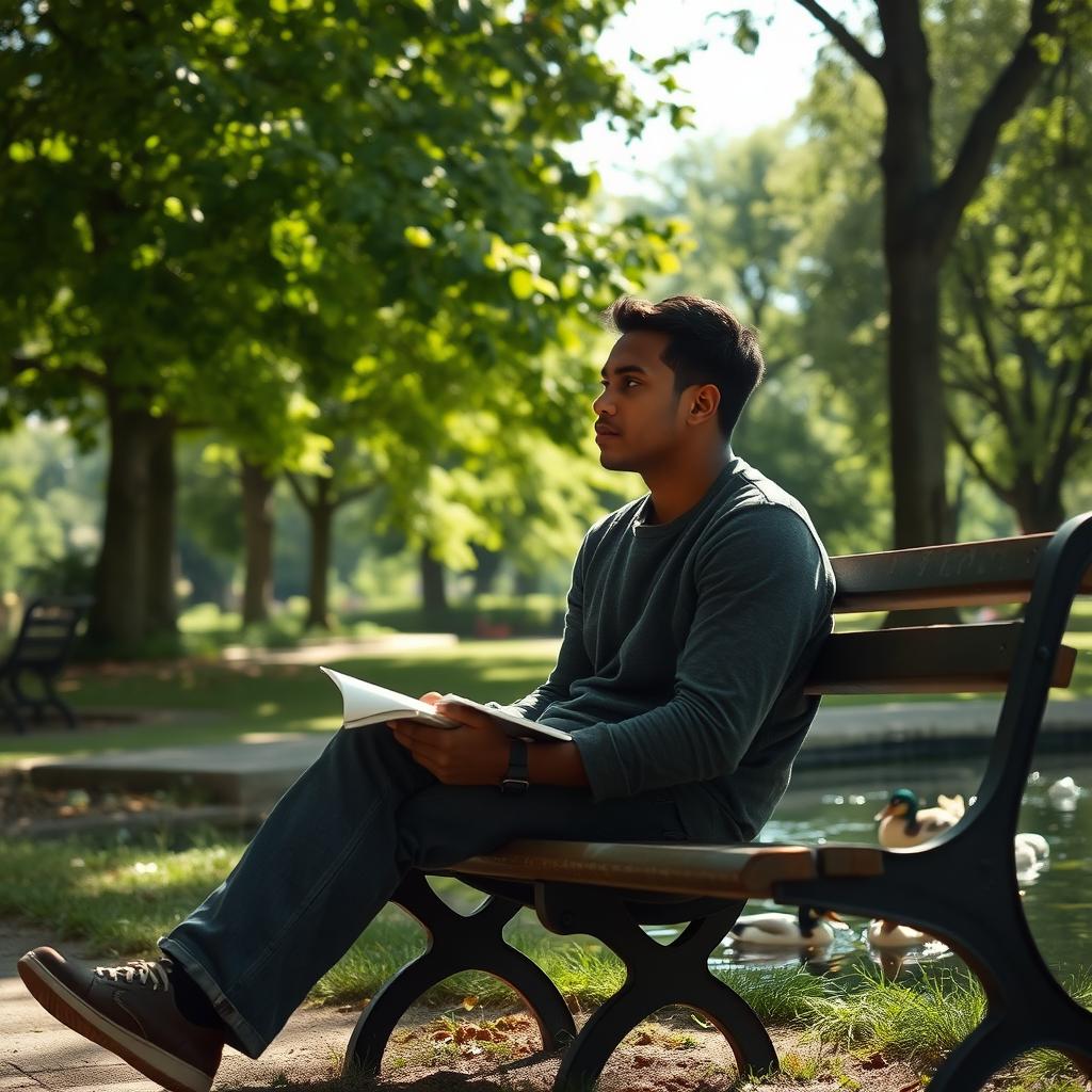 A thoughtful person sitting alone on a park bench, surrounded by lush green trees and a gentle breeze rustling the leaves