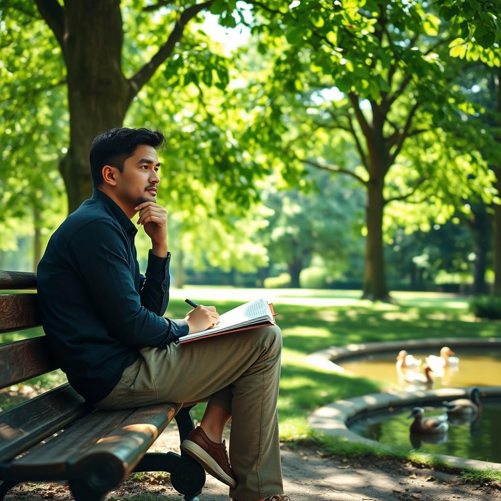 A thoughtful person sitting alone on a park bench, surrounded by lush green trees and a gentle breeze rustling the leaves