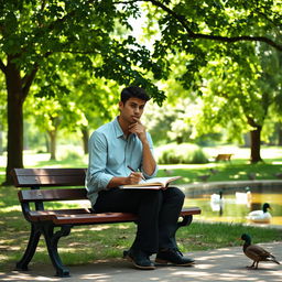 A thoughtful person sitting alone on a park bench, surrounded by lush green trees and a gentle breeze rustling the leaves