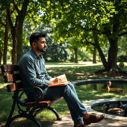 A thoughtful person sitting alone on a park bench, surrounded by lush green trees and a gentle breeze rustling the leaves