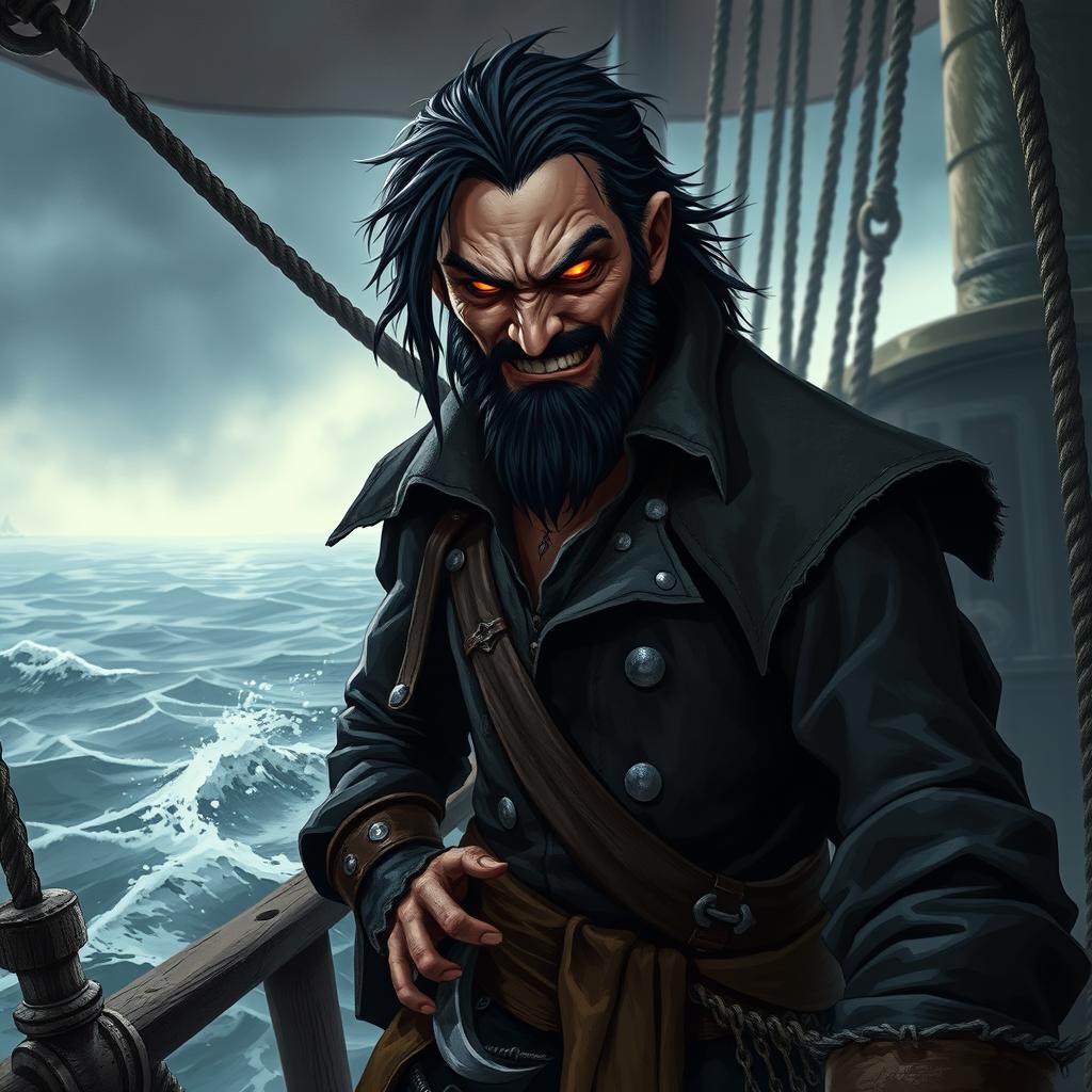 An evil male pirate with short black hair and a short pointy beard, no hat, featuring glowing eyes