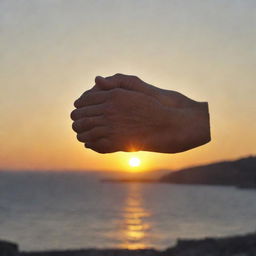 An intricate representation of loyalty (vefa in Turkish), showcasing two hands tightly held together against a backdrop of a warm, setting sun.