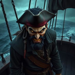 An evil male pirate with short black hair and a short pointy beard, no hat, featuring glowing eyes