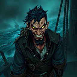 An evil male pirate with short black hair and a short pointy beard, no hat, featuring glowing eyes