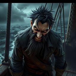 An evil male pirate with short black hair and a short pointy beard, no hat, featuring glowing eyes