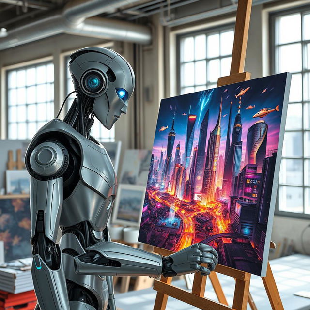 Robot artist in a studio, painting a futuristic cityscape on a large canvas