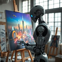 Robot artist in a studio, painting a futuristic cityscape on a large canvas