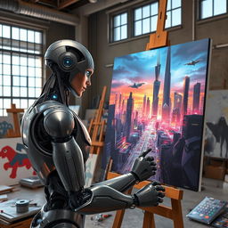 Robot artist in a studio, painting a futuristic cityscape on a large canvas