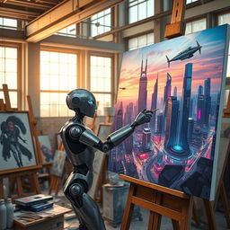 Robot artist in a studio, painting a futuristic cityscape on a large canvas