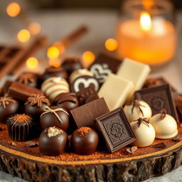 A luscious assortment of chocolates displayed in an elegant manner, featuring rich dark chocolate truffles, creamy milk chocolate bars, and smooth white chocolate pralines