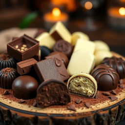 A luscious assortment of chocolates displayed in an elegant manner, featuring rich dark chocolate truffles, creamy milk chocolate bars, and smooth white chocolate pralines