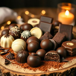 A luscious assortment of chocolates displayed in an elegant manner, featuring rich dark chocolate truffles, creamy milk chocolate bars, and smooth white chocolate pralines