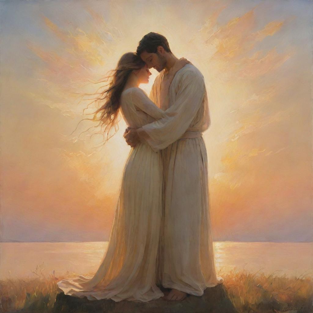 An ethereal painting depicting loyalty; two figures in a gentle embrace under a radiant, warm sky, their shadows merging into one.