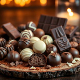 A luscious assortment of chocolates displayed in an elegant manner, featuring rich dark chocolate truffles, creamy milk chocolate bars, and smooth white chocolate pralines