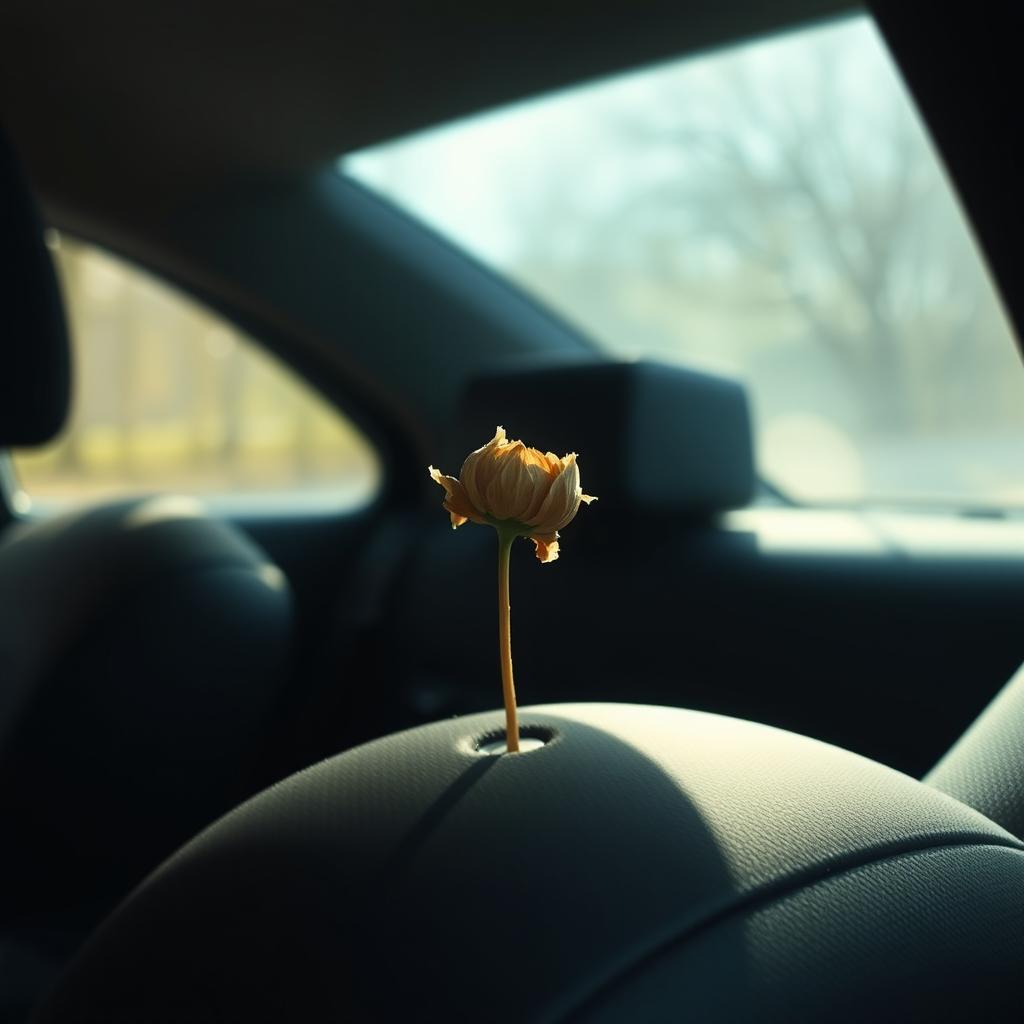 A close-up of the back seat of the car, focusing on where a woman had been sitting