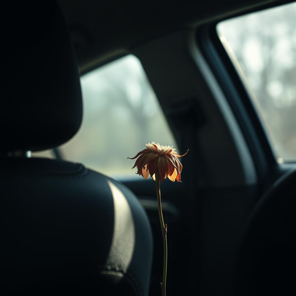 A close-up of the back seat of the car, focusing on where a woman had been sitting