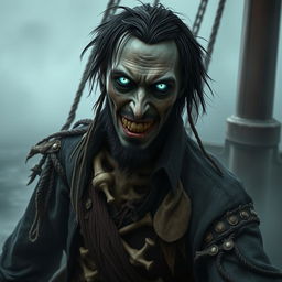 An undead male pirate with short black hair and a short pointy beard, no hat, featuring glowing eyes