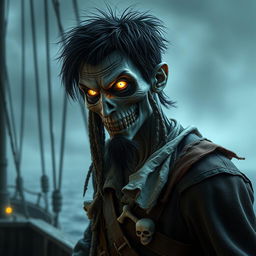 An undead male pirate with short black hair and a short pointy beard, no hat, featuring glowing eyes