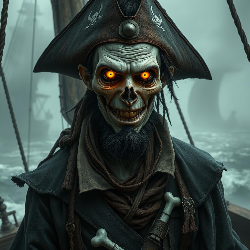 An undead male pirate with short black hair and a short pointy beard, no hat, featuring glowing eyes