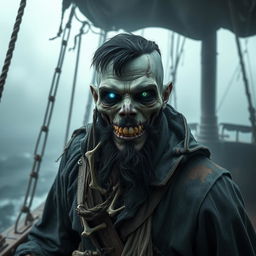 An undead male pirate with short black hair and a short pointy beard, no hat, featuring glowing eyes