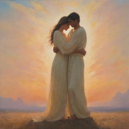 An ethereal painting depicting loyalty; two figures in a gentle embrace under a radiant, warm sky, their shadows merging into one.