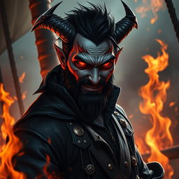 A demonic male pirate with short black hair and a short pointy beard, no hat, featuring ominous glowing eyes