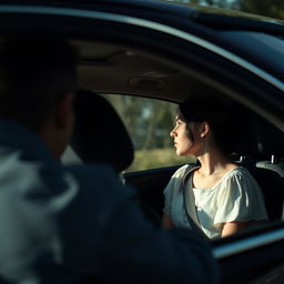 An interior scene of a car, showing the driver curiously observing a woman in a white dress sitting in the passenger seat