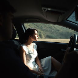 An interior scene of a car, showing the driver curiously observing a woman in a white dress sitting in the passenger seat