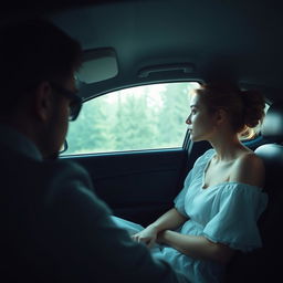 An interior scene of a car, showing the driver curiously observing a woman in a white dress sitting in the passenger seat