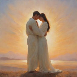 An ethereal painting depicting loyalty; two figures in a gentle embrace under a radiant, warm sky, their shadows merging into one.