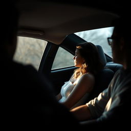 An interior scene of a car, showing the driver curiously observing a woman in a white dress sitting in the passenger seat