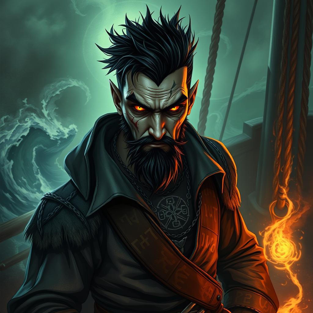 A cursed male pirate with short black hair and a short pointy beard, no hat, featuring glowing eyes