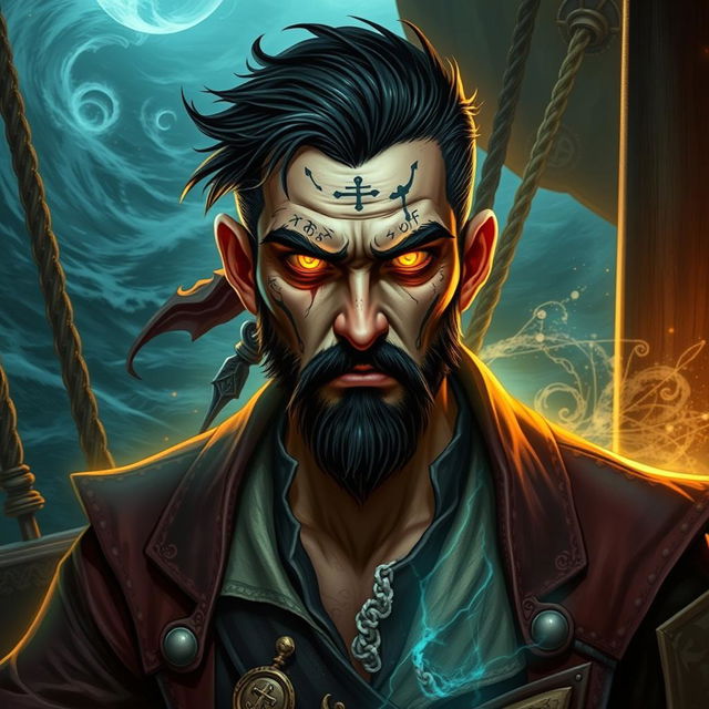 A cursed male pirate with short black hair and a short pointy beard, no hat, featuring glowing eyes