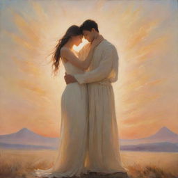 An ethereal painting depicting loyalty; two figures in a gentle embrace under a radiant, warm sky, their shadows merging into one.