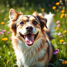 A cheerful, joyful dog with a wagging tail, showcasing its happy demeanor in a sunlit green meadow