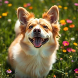 A cheerful, joyful dog with a wagging tail, showcasing its happy demeanor in a sunlit green meadow