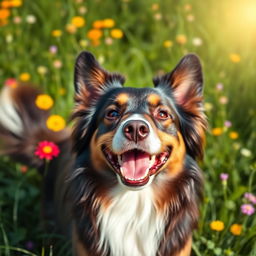 A cheerful, joyful dog with a wagging tail, showcasing its happy demeanor in a sunlit green meadow