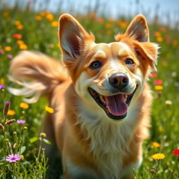 A cheerful, joyful dog with a wagging tail, showcasing its happy demeanor in a sunlit green meadow