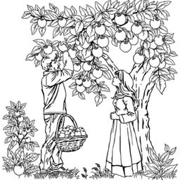 Black and white coloring book illustration capturing the essence of autumn with a detailed scene of a man picking apples from a tree