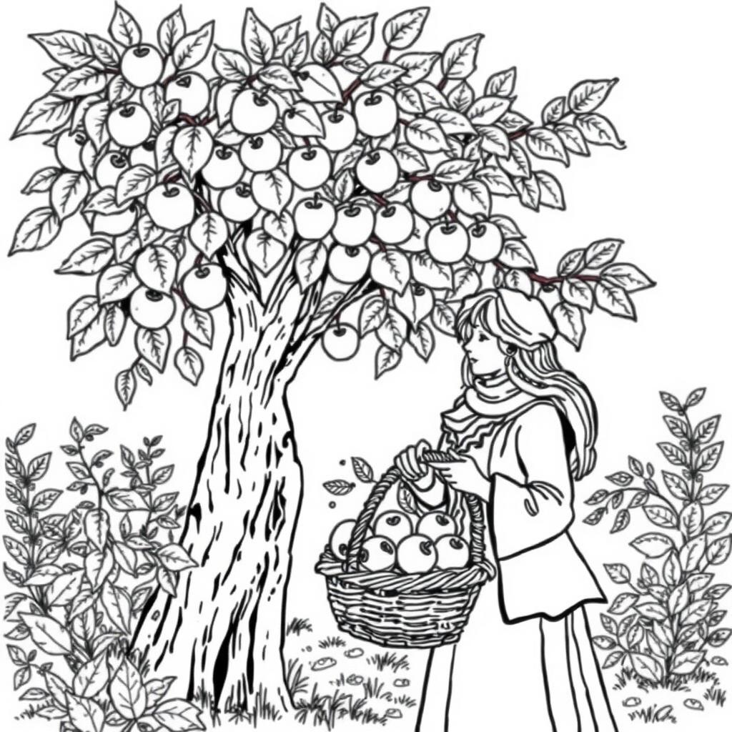 Black and white coloring book illustration capturing the essence of autumn with a detailed scene of a man picking apples from a tree