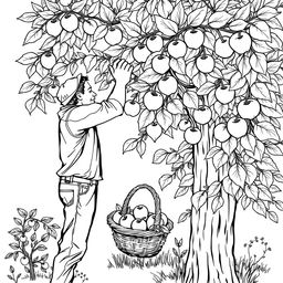 Black and white coloring book illustration capturing the essence of autumn with a detailed scene of a man picking apples from a tree