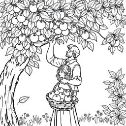 Black and white coloring book illustration capturing the essence of autumn with a detailed scene of a man picking apples from a tree