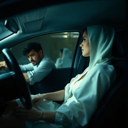 An interior scene of a car, depicting the driver curiously observing a woman in a white dress seated as the co-driver in the passenger seat