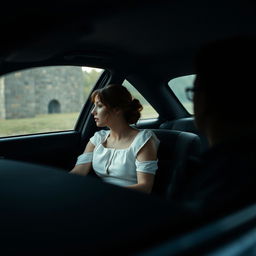 An interior scene of a car, depicting the driver curiously observing a woman in a white dress seated as the co-driver in the passenger seat