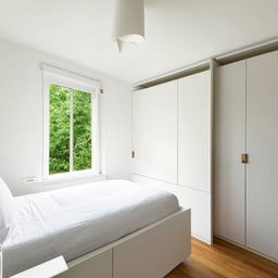 A small, aesthetically pleasing white bedroom with a window situated behind the bed casting natural light. Includes a well-designed dressing room