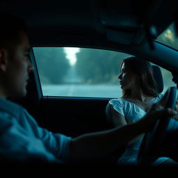 An interior scene of a car, depicting the driver curiously observing a woman in a white dress seated as the co-driver in the passenger seat