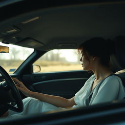 An interior scene of a car, depicting the driver curiously observing a woman in a white dress seated as the co-driver in the passenger seat