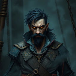 A cursed male pirate with short black hair and a short pointy beard, no hat, featuring glowing eyes