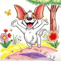 A whimsical drawing of a joyful dog, with exaggerated features such as a big, happy grin and oversized, floppy ears