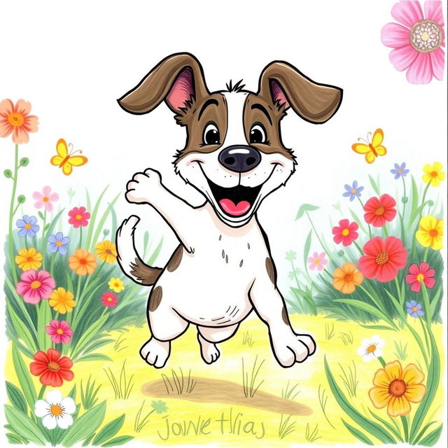 A whimsical drawing of a joyful dog, with exaggerated features such as a big, happy grin and oversized, floppy ears